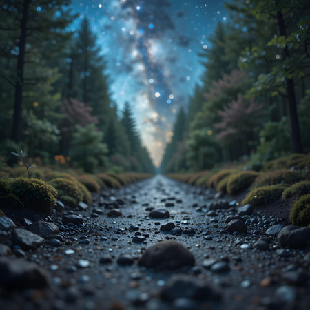 Pathway in the forest with starry sky in the background.の素材