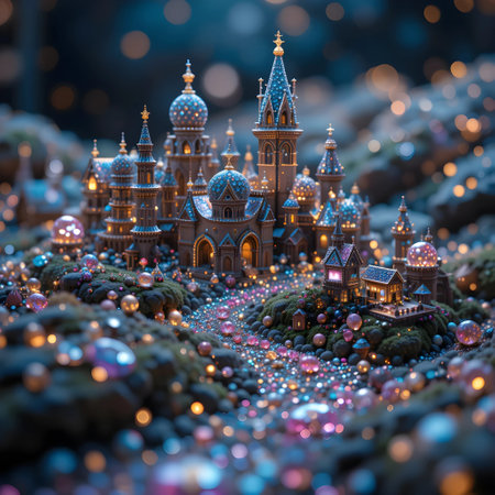 Fairytale castle on the background of the Christmas tree. 3d illustrationの素材