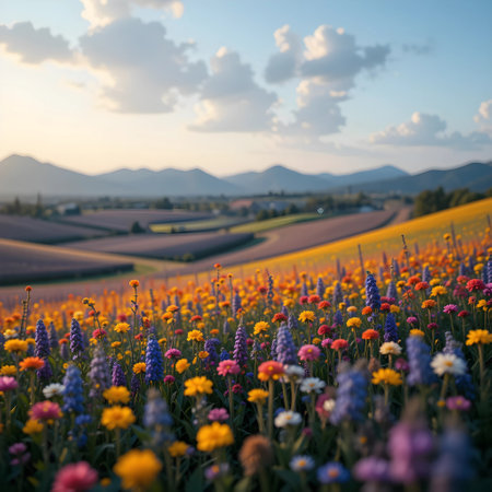 Colorful flowers in the field at sunset. Colorful summer landscape.の素材