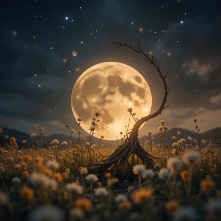 Beautiful fantasy landscape with full moon and tree in the meadowの素材