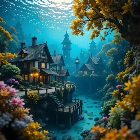 Fantasy landscape with fantasy castle and river. 3D illustration.の素材