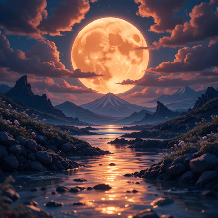 Fantasy landscape. Mountain lake at night. 3D illustration.の素材