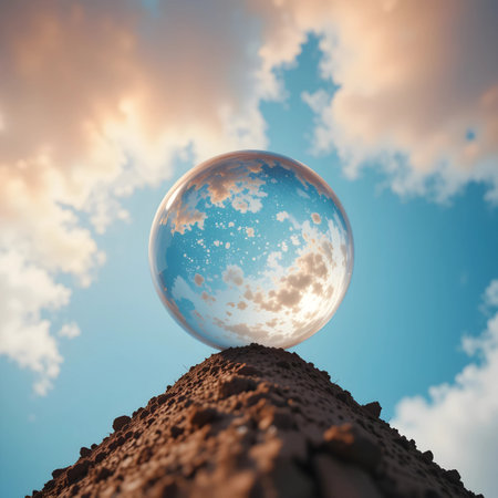 Crystal ball on the ground with cloudy sky background. 3d renderingの素材