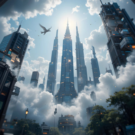 Low angle view of modern skyscrapers and airplane flying in skyの素材