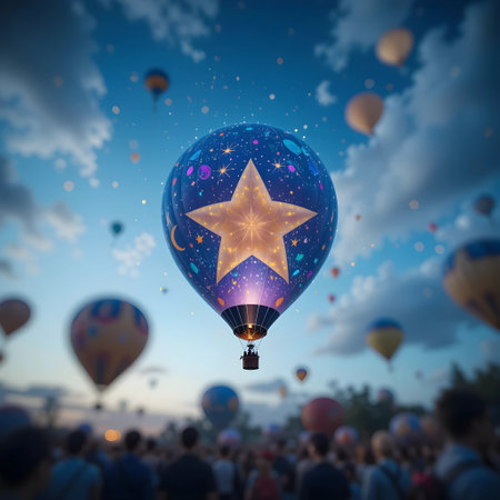 Hot air balloon with star on the sky. 3d rendering.の素材