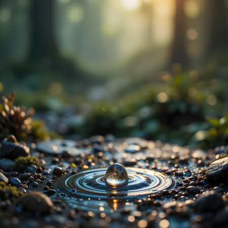 Water drop falling into a puddle in the forest. Nature conceptの素材