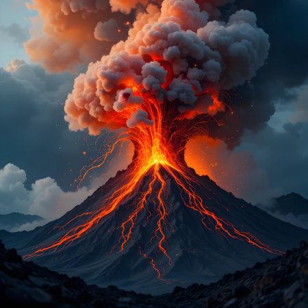 Volcano eruption with lava in the foreground. 3D illustration.の素材