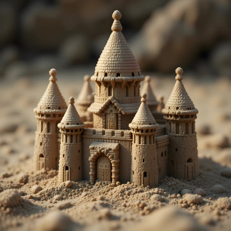 Sandcastle made of clay. Sand castle on the sand background.の素材