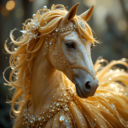 Beautiful white horse with golden ornaments on the head.の素材
