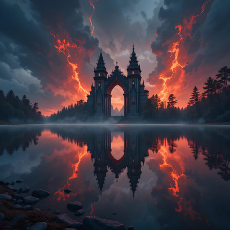 Magic gate on the lake at sunset. 3D render. Fantasy.の素材