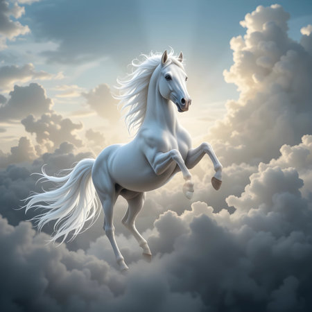 White horse flying in the blue sky with clouds. 3d renderingの素材
