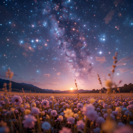 Night sky with stars and milky way over field of flowers.の素材