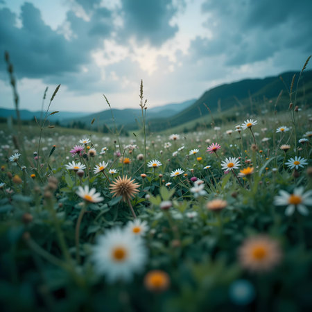 Daisy flowers in the meadow. Beautiful summer landscape in the mountains.の素材