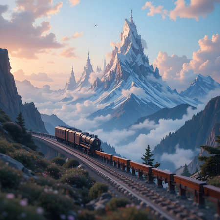 Train on the railway in the high mountains at sunset. 3d renderingの素材
