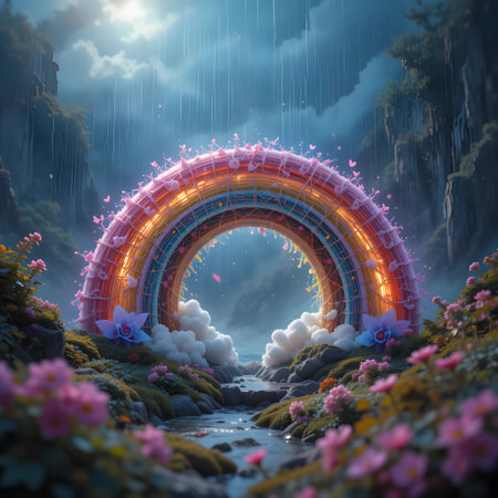 Fantasy landscape with fantasy rainbow and flowers. 3d illustration.の素材