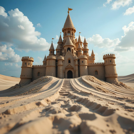 Sandcastle in the desert. 3d render. Vintage style.の素材