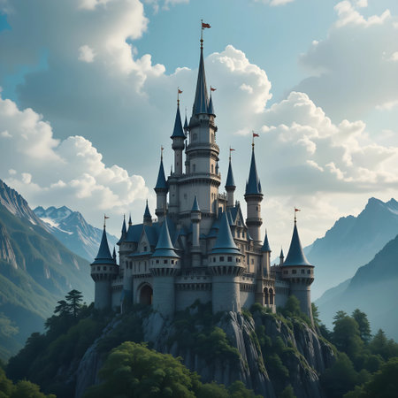 Fairytale castle in the mountains. Fantasy landscape. 3d renderingの素材