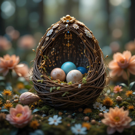 Easter eggs in a nest with flowers on a dark background.の素材