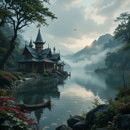 Wooden house on the lake with fog in the morning, Thailand.の素材