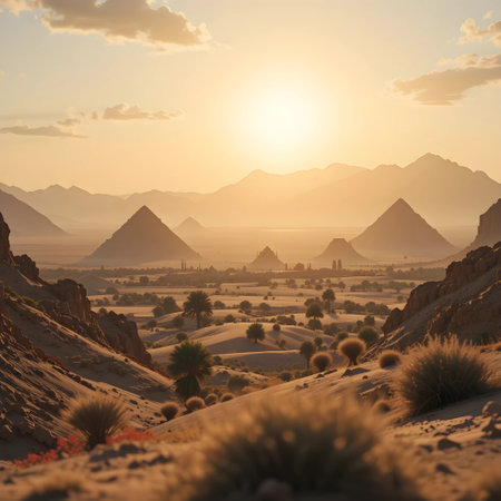 Egyptian pyramids in the desert at sunset. Egyptian landscape.の素材