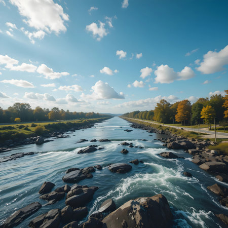 Beautiful autumn landscape with river and blue sky with white clouds.の素材