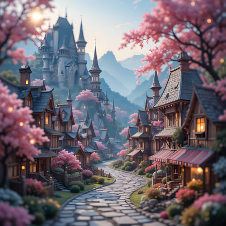 Fairytale landscape with castle and cherry blossom. 3d renderingの素材