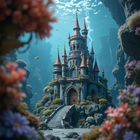 Fantasy castle in the deep blue sea. 3D illustration.の素材