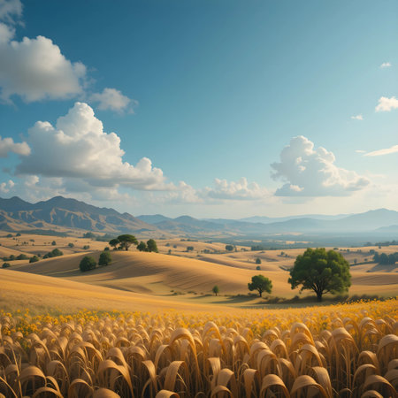 Wheat field with trees and mountains in the background, retro styleの素材