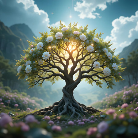 3d render of a beautiful blooming tree in the mountains.の素材