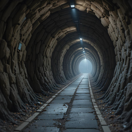 3d rendering of an old tunnel with light coming from the endの素材