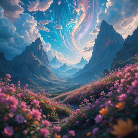 Fantasy fantasy landscape with a meadow full of flowers. 3d illustrationの素材