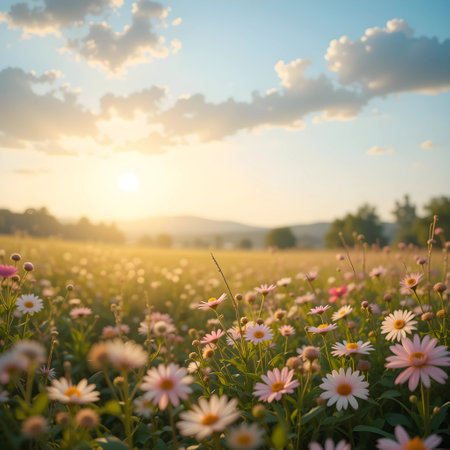 Field of daisies at sunset. Beautiful nature background. Summer landscape.の素材