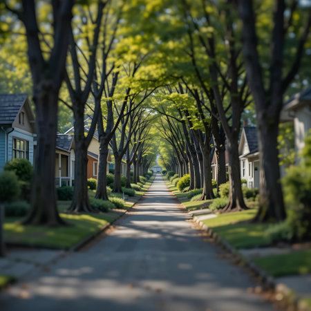 Street with green trees in the park. Selective focus and shallow depth of fieldの素材