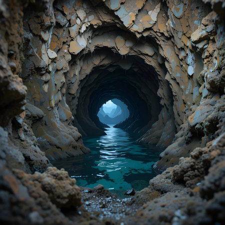 Underwater cave with blue water. 3d render. Computer digital drawing.の素材