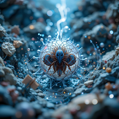 3D rendering of a virus inside a crystal ball on a blue backgroundの素材