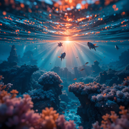 Underwater world. Underwater world with fishes and coral reef.の素材