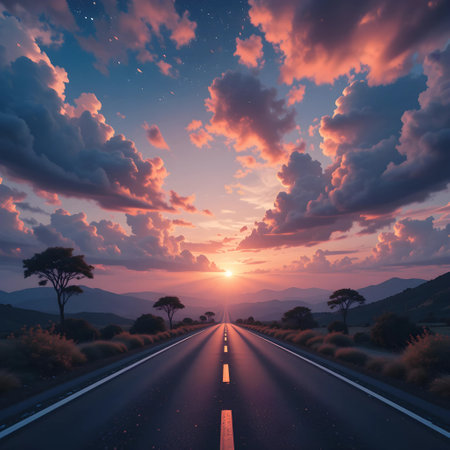 Sunset on the road in the desert. 3d rendering.の素材