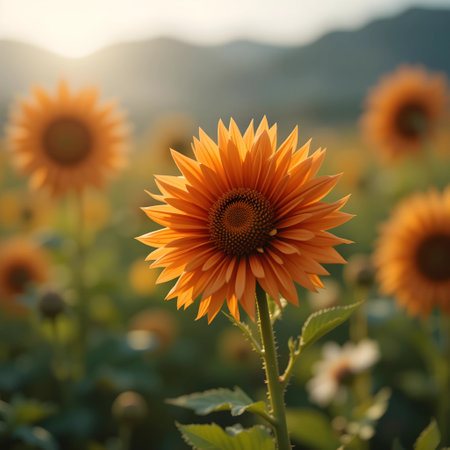 Beautiful sunflowers in the field at sunset time. Nature backgroundの素材