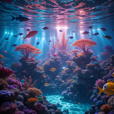 Underwater view of coral reef with fishes and corals. 3d renderの素材