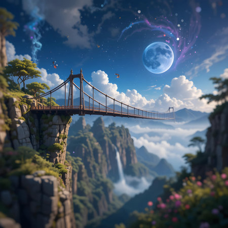 Fantasy landscape with a bridge over the river. 3d renderingの素材