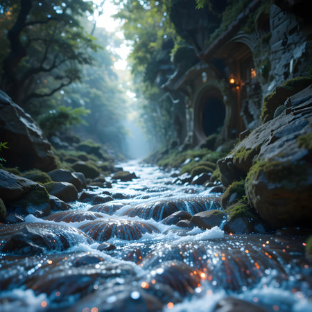 Beautiful waterfall in the forest with fog and light at night.の素材