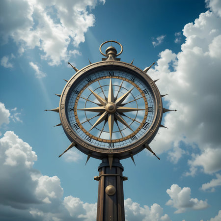 Compass on a background of blue sky with clouds. Vintage style.の素材