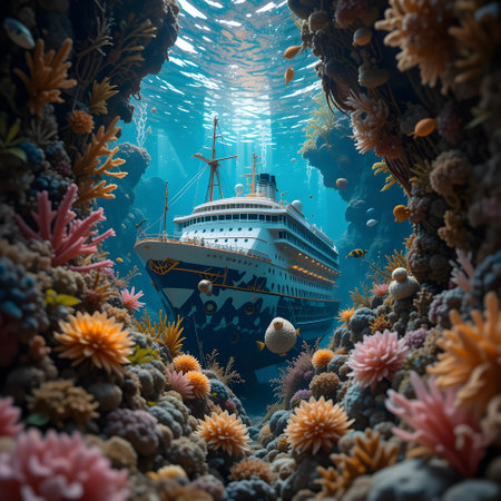 Beautiful underwater world with cruise ship and corals. 3d renderingの素材