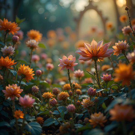 Beautiful orange flower in the garden at sunset. Natural background.の素材