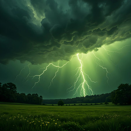 Thunderstorm over a meadow with a tree and grass in the foregroundの素材