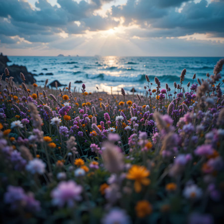 Sunset over the sea with colorful wildflowers in the foregroundの素材