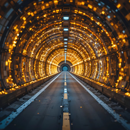 Interior of a tunnel with light trails, 3d render illustrationの素材