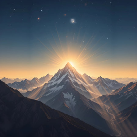 Mountain landscape. Sunrise over the mountain range. 3d renderの素材