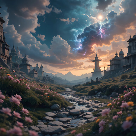 Fantasy landscape with old castle and beautiful flowers. 3d renderの素材