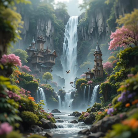 Fairy tale castle and waterfall in fantasy world. Fantasy landscape.の素材